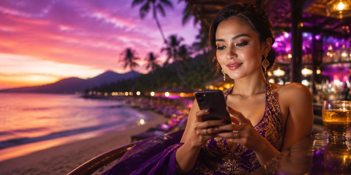 Seseorang bermain casino mobile di tepi pantai dengan suasana santai dan cerah